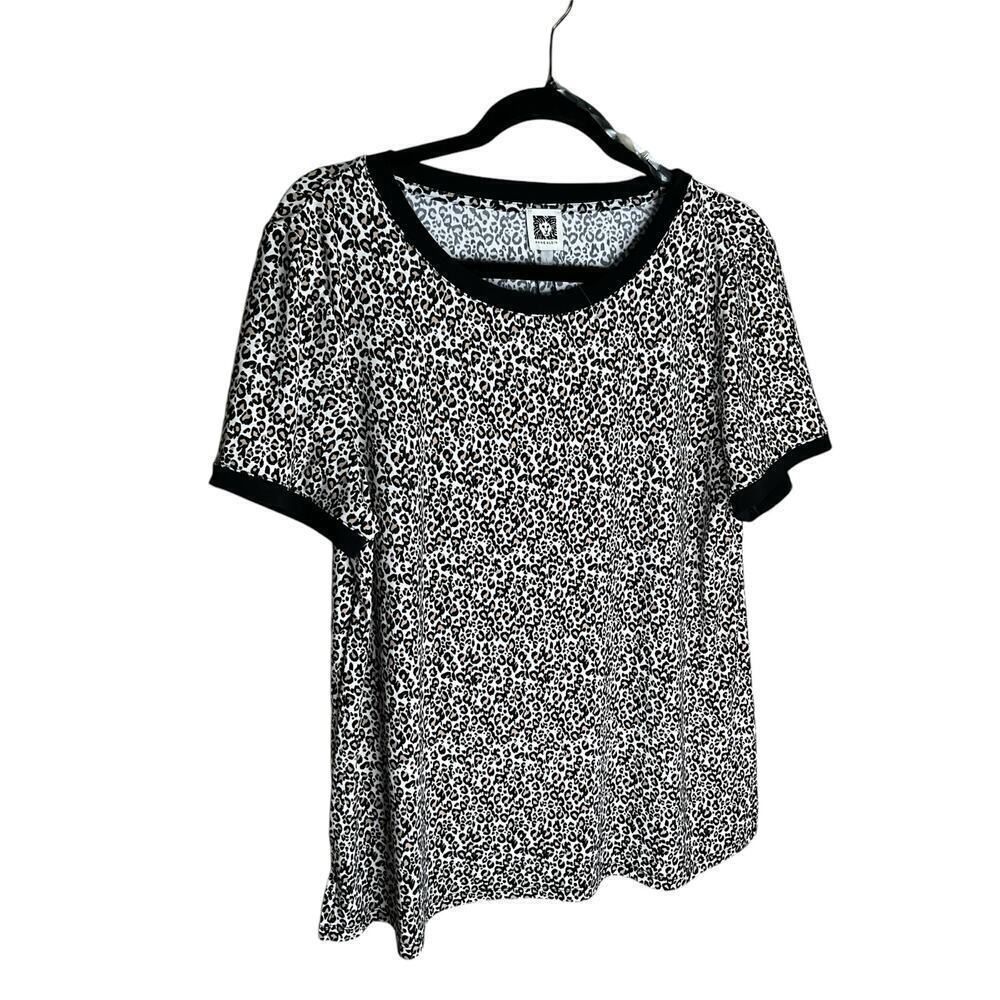 Anne Klein Ringer Tee Shirt Short Sleeves Leopard Print Black Womens Large NWT